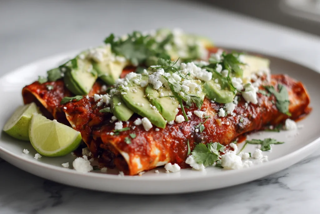 Served black bean and rice enchiladas with avocado and fresh toppings