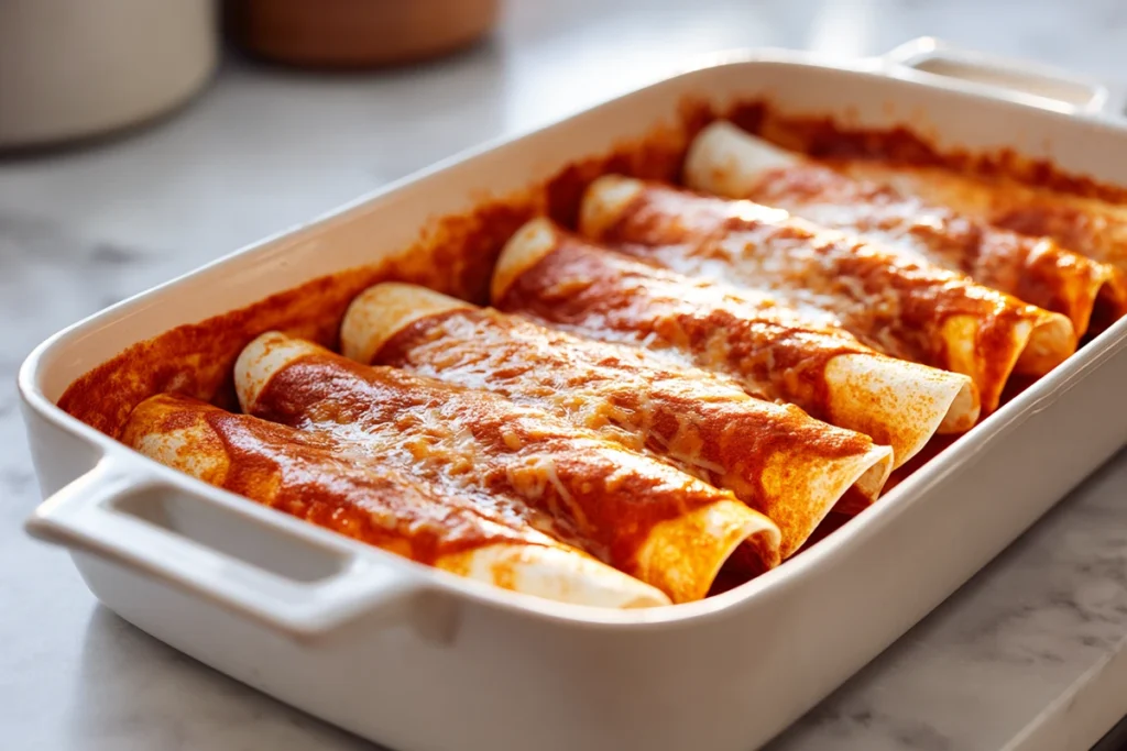 Assembling black bean and rice enchiladas with sauce-coated tortillas
