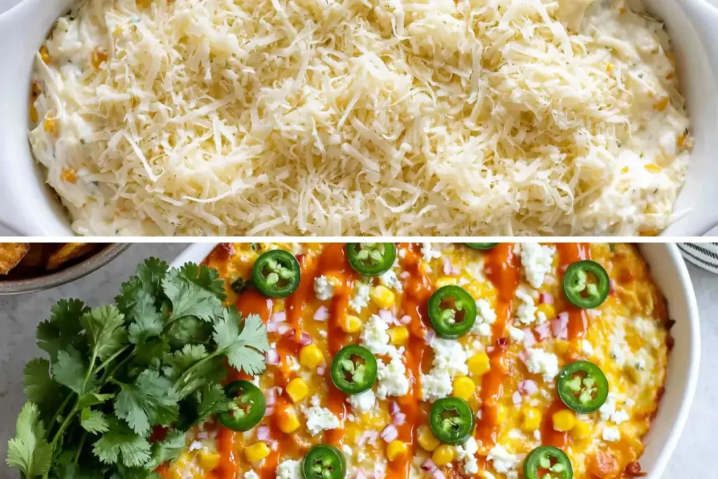 Finished Mexican street corn dip with cotija cilantro lime mayo and tortilla chips