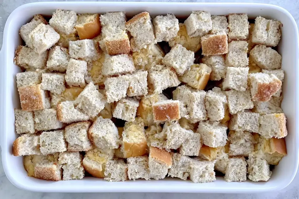 Thick bread cubes layered for Overnight Crème Brûlée French Toast before soaking