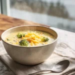 photorealistic bowl of broccoli cheddar soup in modern kitchen