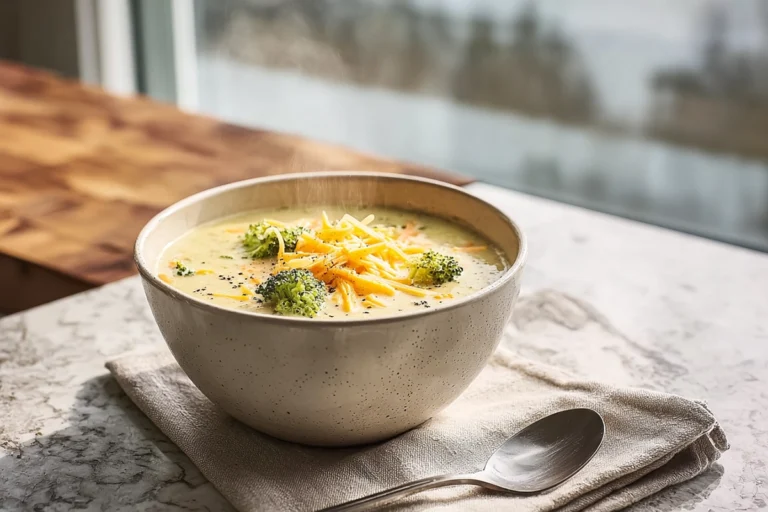 photorealistic bowl of broccoli cheddar soup in modern kitchen