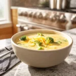 photorealistic bowl of broccoli cheddar soup in modern kitchen