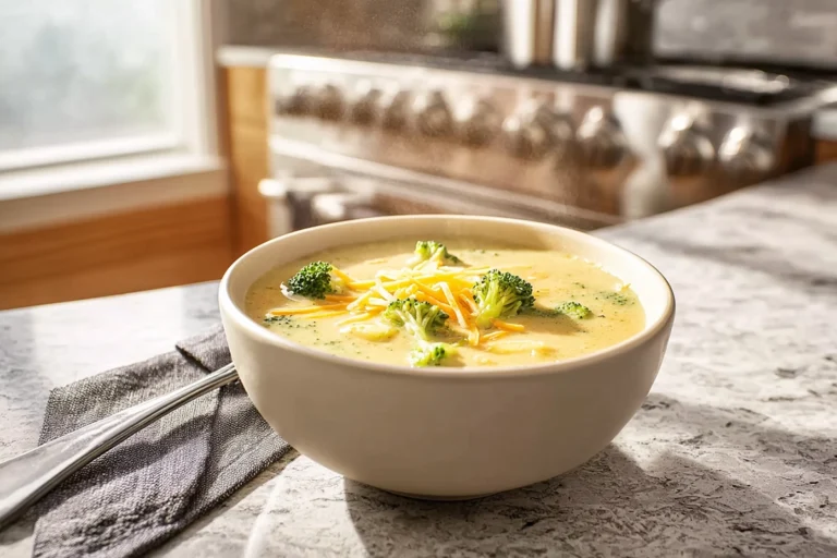 photorealistic bowl of broccoli cheddar soup in modern kitchen
