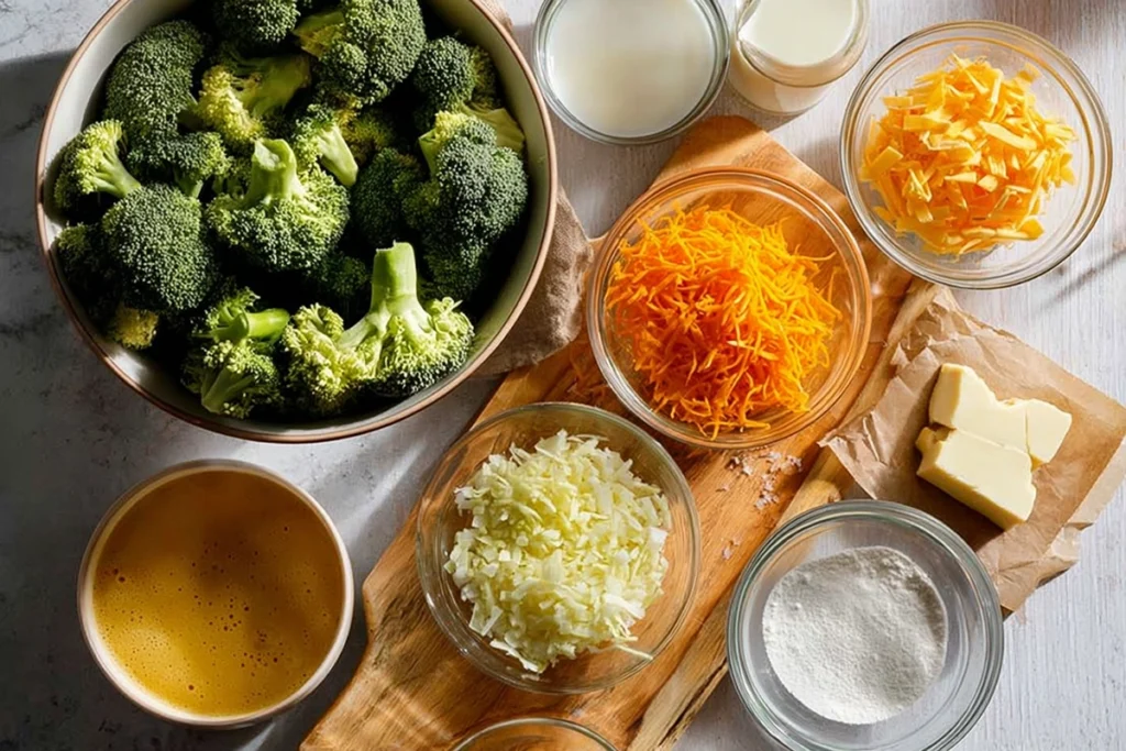 overhead ingredients shot for broccoli cheddar soup recipe
