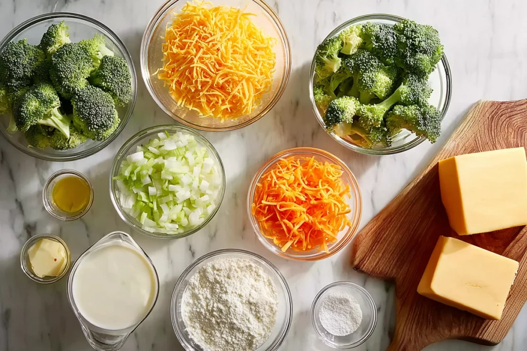 overhead photo of broccoli cheddar soup ingredients arranged neatly