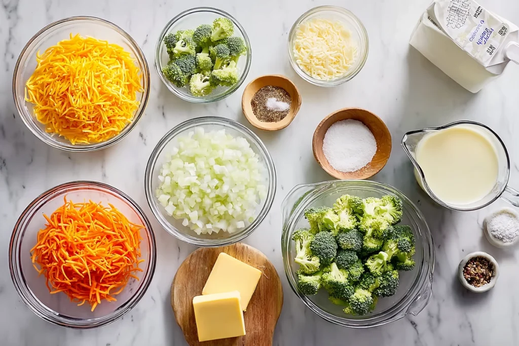Overhead image of ingredients for Copycat Panera Broccoli Cheddar Soup arranged in modern kitchen