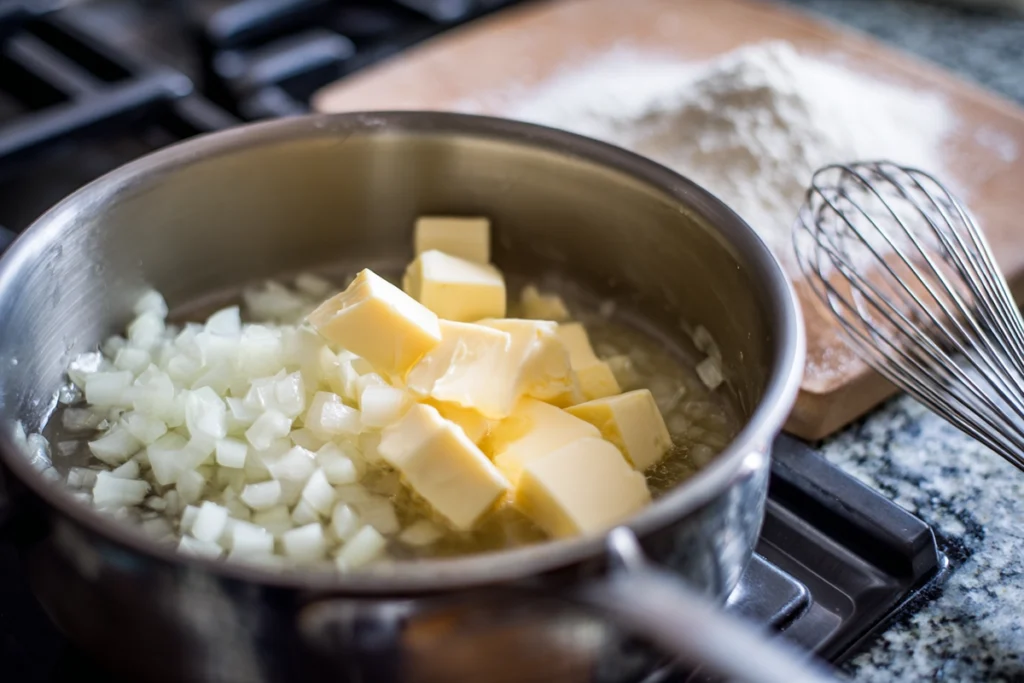 close-up of roux being made for broccoli cheddar soup