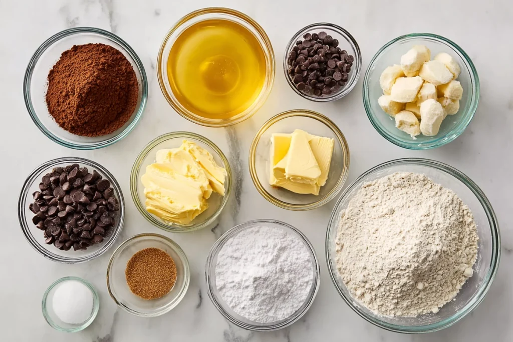 overhead view of fresh brookies ingredients arranged in bowls