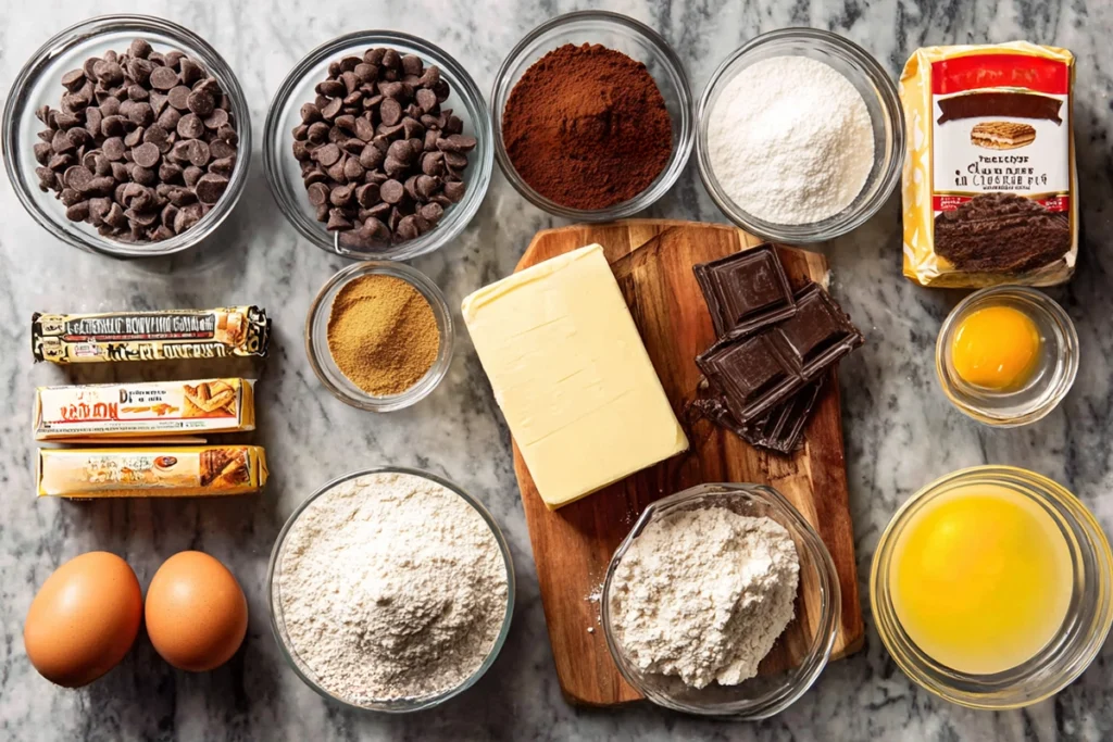 overhead view of brookies ingredients including chocolate chips, butter, cocoa, eggs, and flour