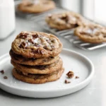 finished brown butter toffee chocolate chip cookies on plate in modern kitchen