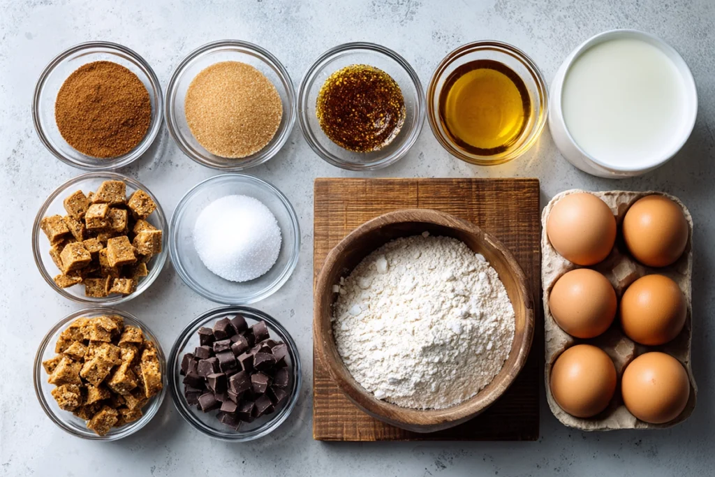 overhead ingredients for brown butter toffee chocolate chip cookies arranged neatly