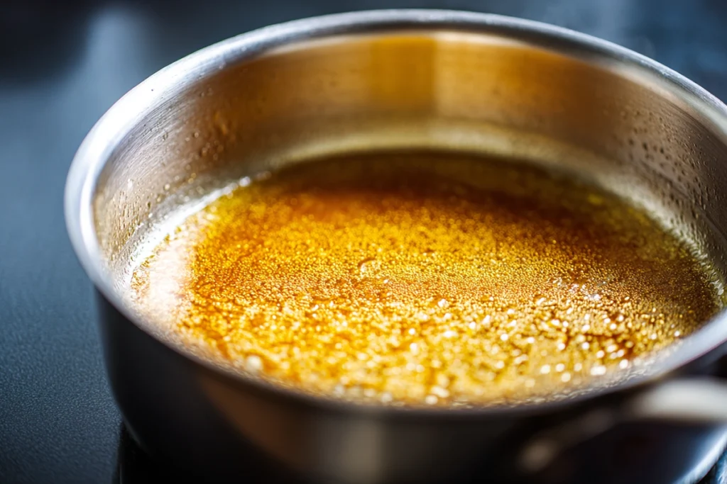 close-up of browned butter step for brown butter toffee chocolate chip cookies