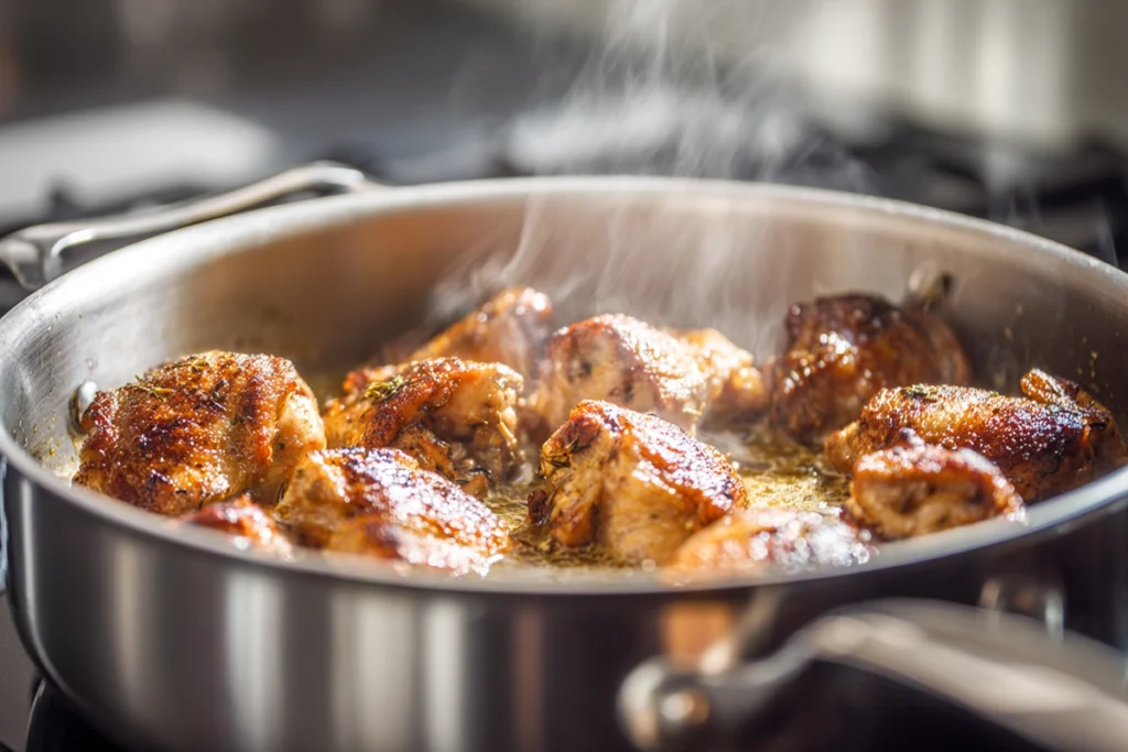 chicken stew recipe step showing browning chicken in pot