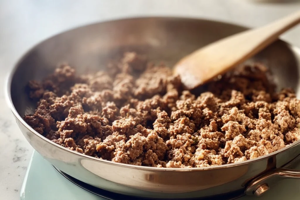 Ground beef browning in a skillet for Ground Beef Philly Cheesesteaks
