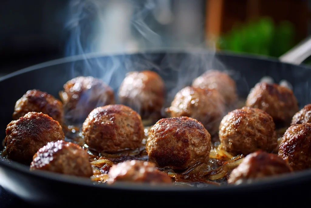 Meatballs browning in a skillet for French Onion Meatballs