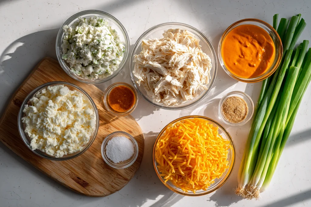 Overhead photo of ingredients for The BEST Buffalo Chicken Dip arranged in bowls