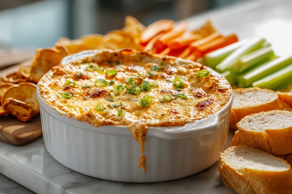 The BEST Buffalo Chicken Dip served with vegetables and chips in a modern kitchen