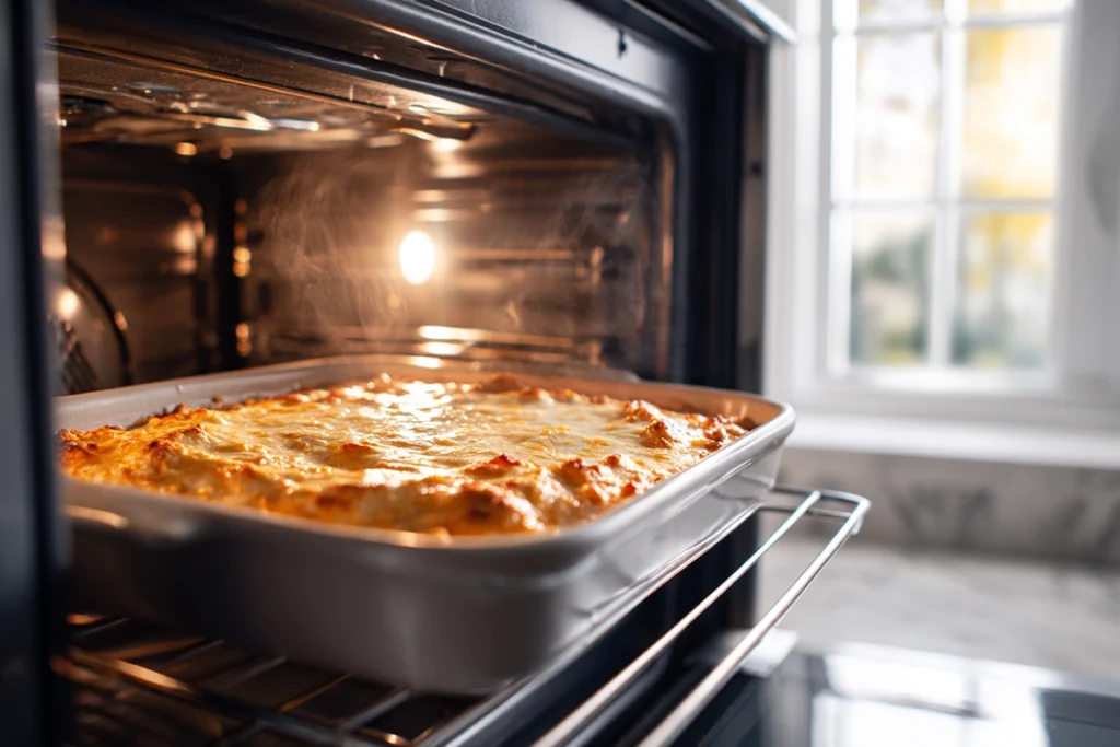 The BEST Buffalo Chicken Dip baking in a modern oven with melted cheese