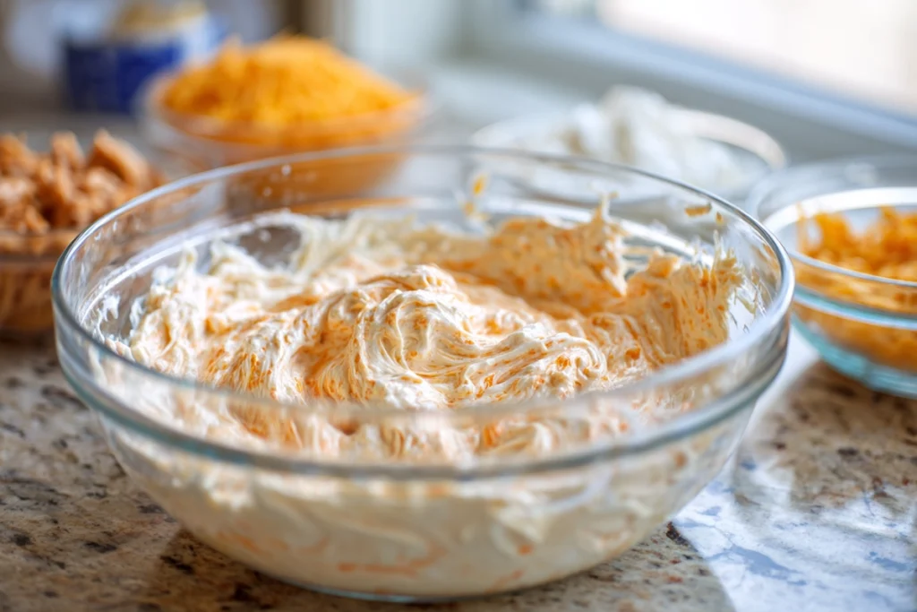 Mixing the creamy base for The BEST Buffalo Chicken Dip in a glass bowl