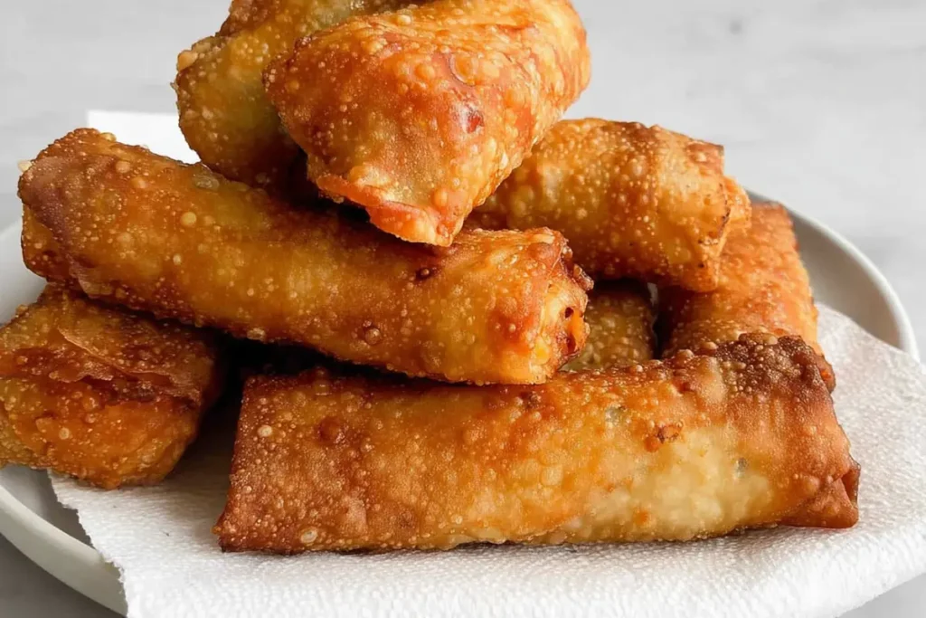 Golden fried Buffalo Chicken Egg Rolls draining on paper towels