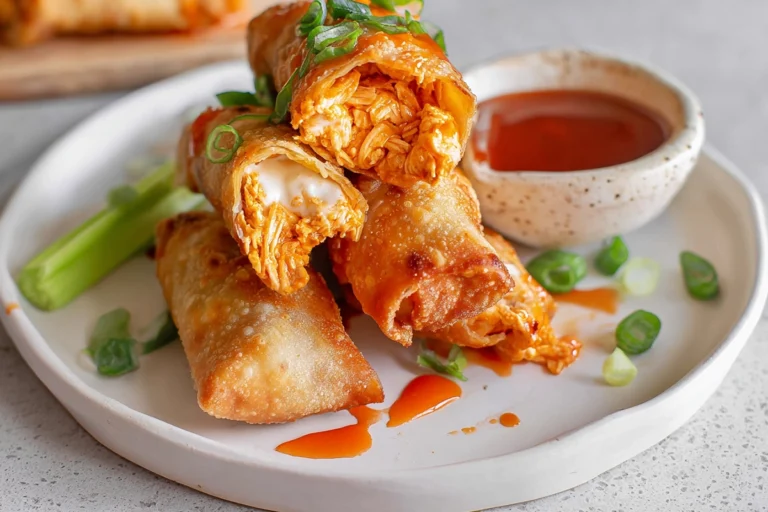 Buffalo Chicken Egg Rolls plated with dipping sauce on a modern kitchen counter
