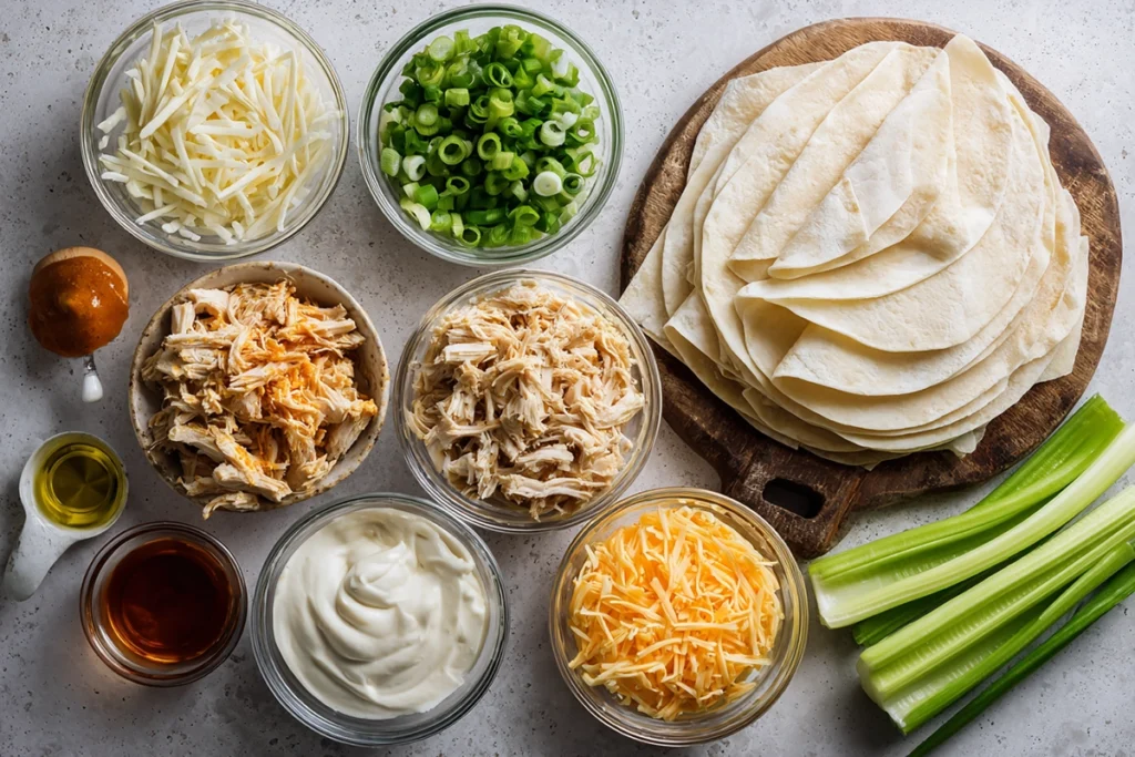 Ingredients for Buffalo Chicken Egg Rolls arranged neatly on a kitchen counter