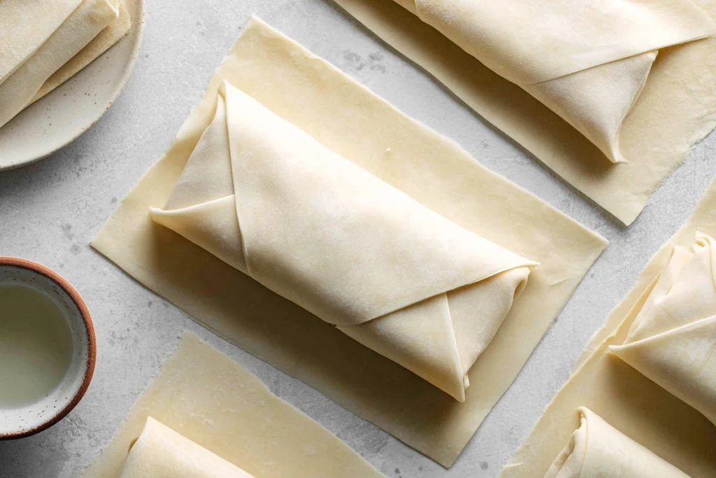 Rolling Buffalo Chicken Egg Rolls with filling and wrappers