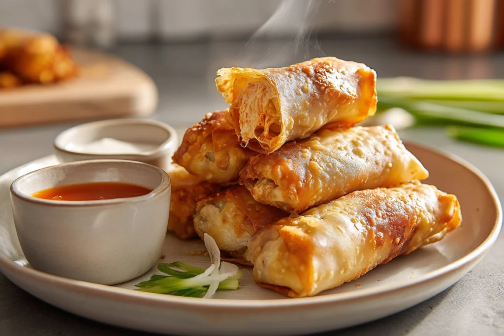 Buffalo Chicken Egg Rolls served with dipping sauces on a modern plate