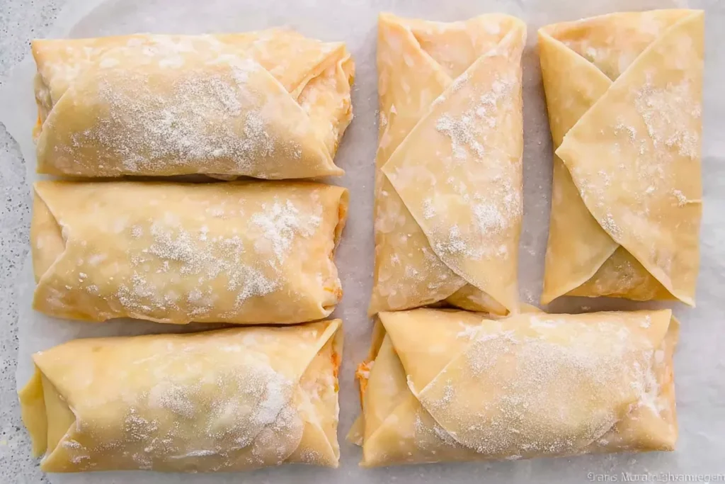 Wrapped Buffalo Chicken Egg Rolls ready for frying on parchment paper