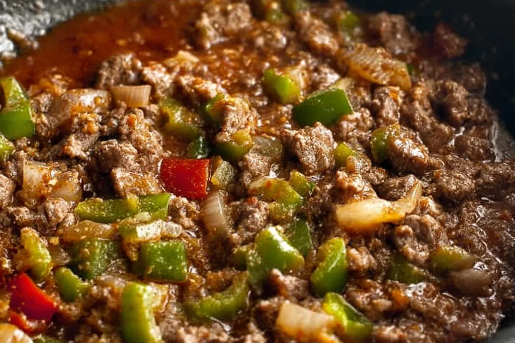 Step-by-step image of building the cheesesteak sauce for Philly Cheesesteak Sloppy Joes