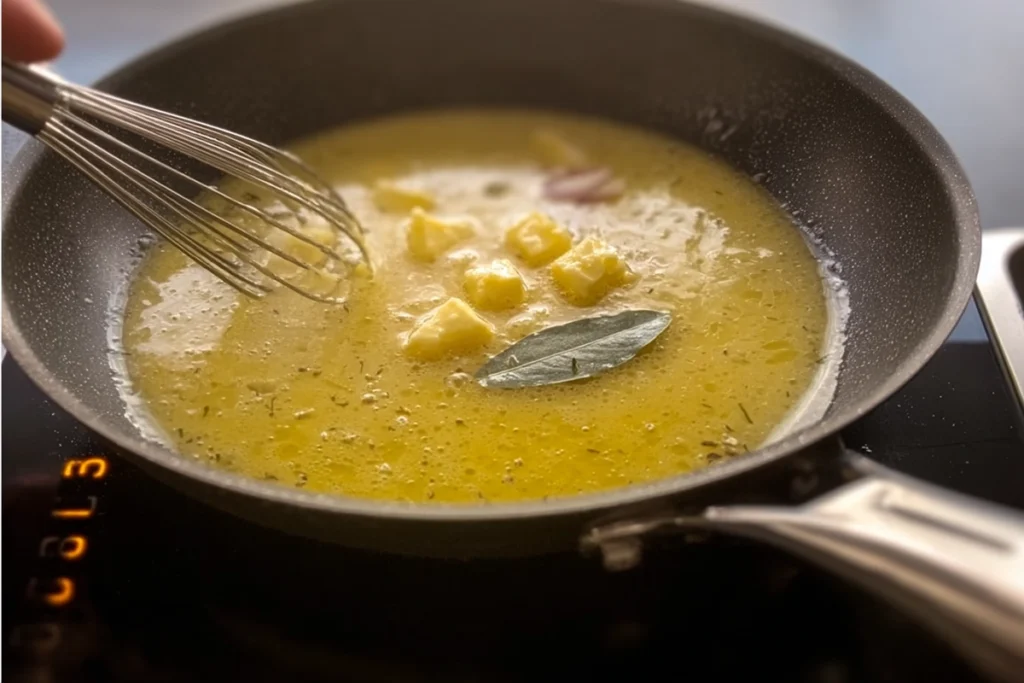 Butter Poached Lobster cooking with butter melting gently in a skillet