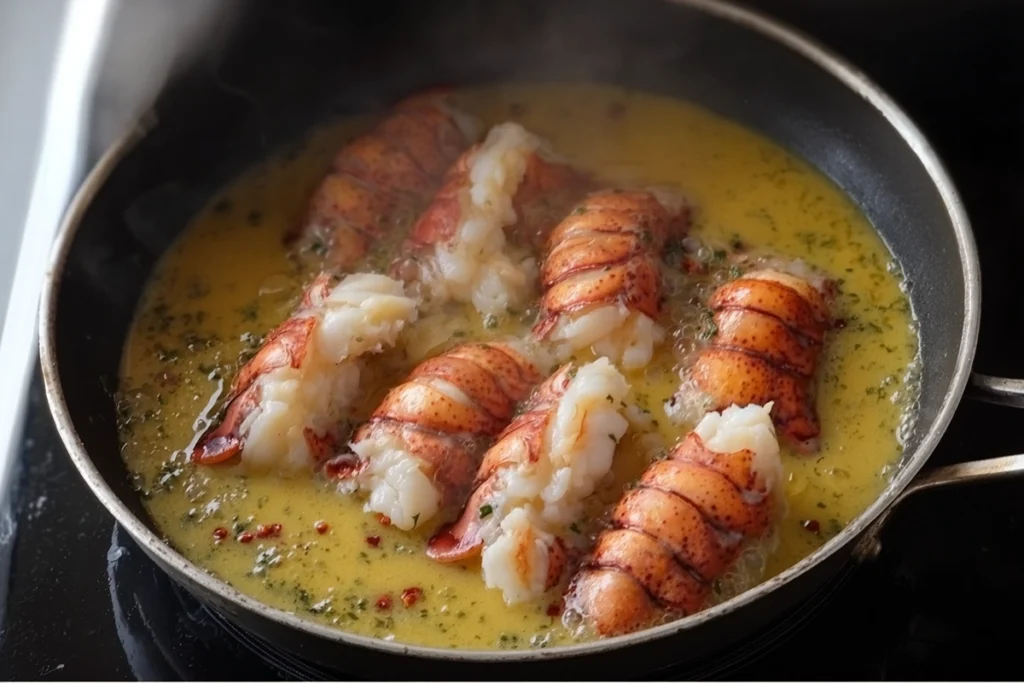 Butter Poached Lobster tails gently cooking in butter in a home kitchen skillet