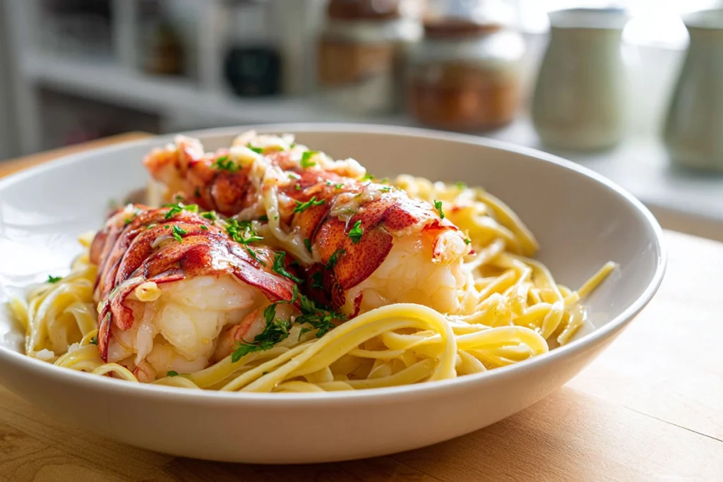 Butter Poached Lobster served on a ceramic plate in a cozy home kitchen