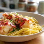 Butter Poached Lobster served on a ceramic plate in a cozy home kitchen