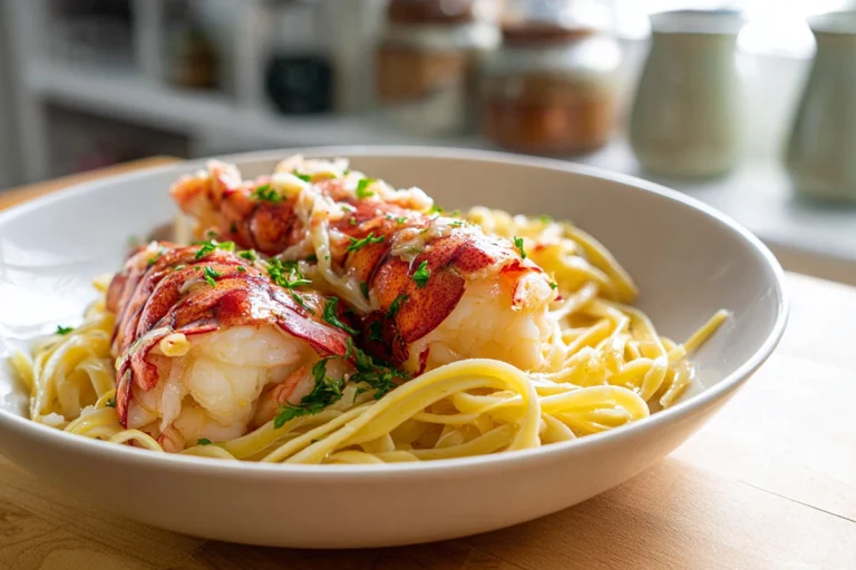 Butter Poached Lobster served on a ceramic plate in a cozy home kitchen