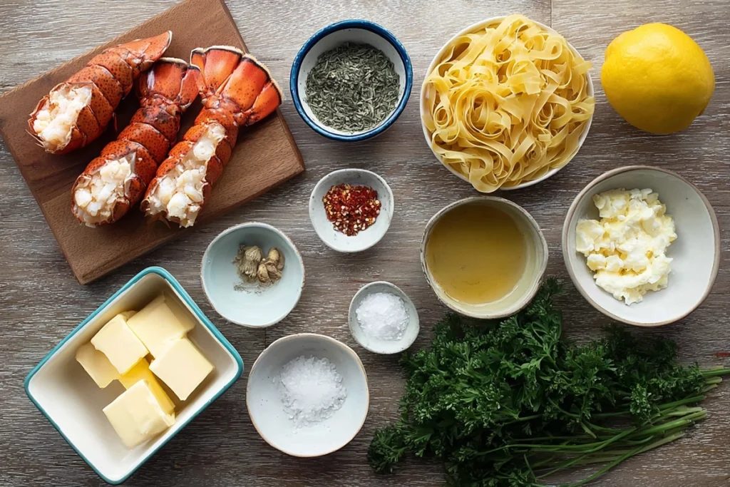 Ingredients for Butter Poached Lobster arranged on a wooden kitchen counter