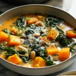 Hero shot of Butternut Squash Kale White Bean Soup in a modern kitchen with natural light