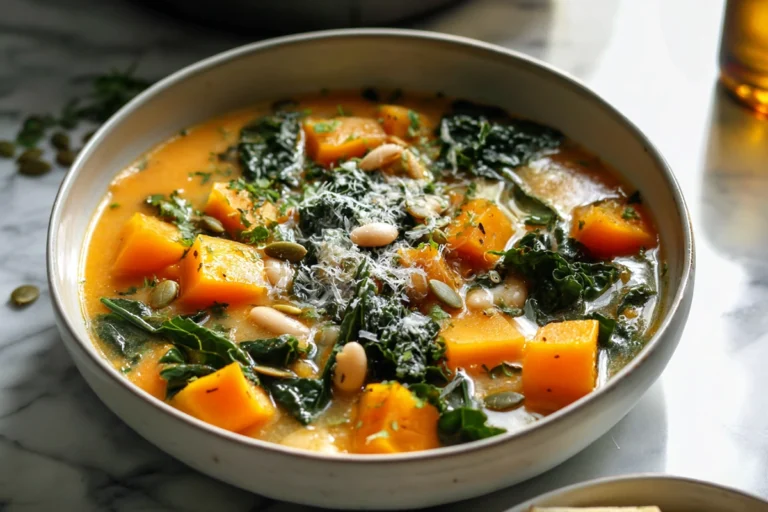 Hero shot of Butternut Squash Kale White Bean Soup in a modern kitchen with natural light