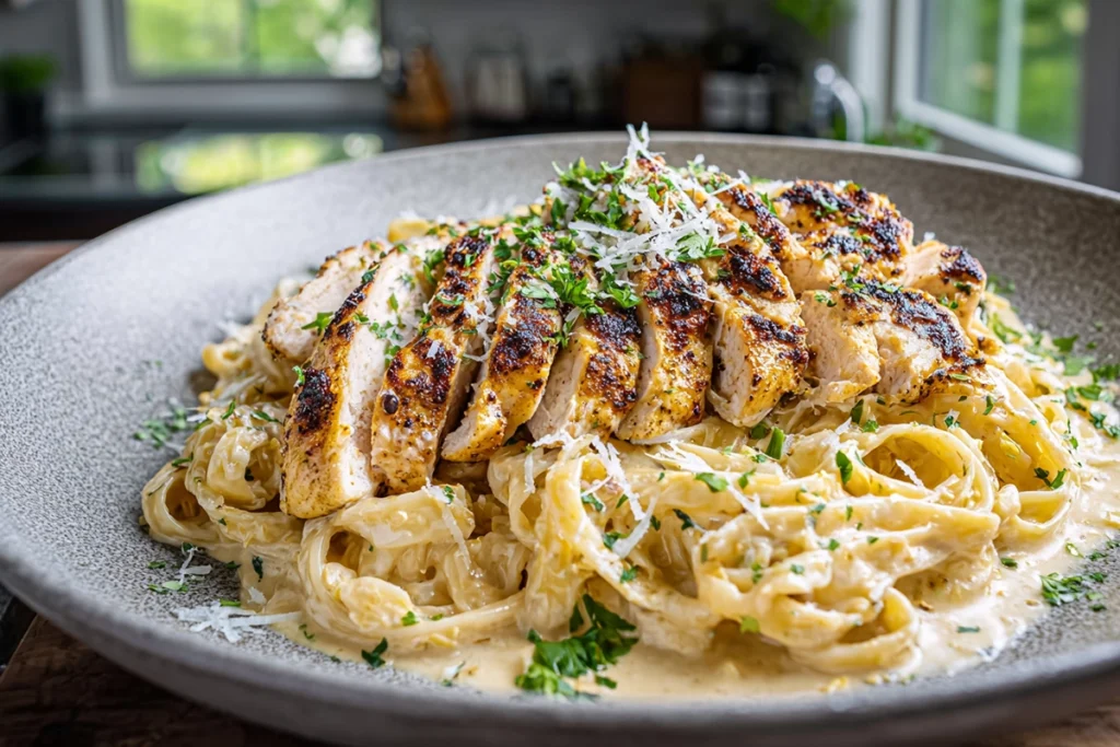 Cajun Chicken Alfredo served on a modern plate with creamy sauce