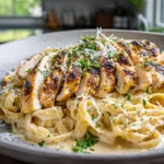 Cajun Chicken Alfredo served on a modern plate with creamy sauce