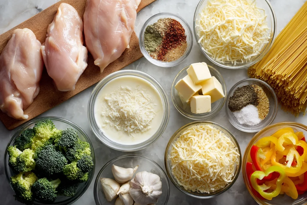 Cajun Chicken Alfredo ingredients arranged neatly on a kitchen counter