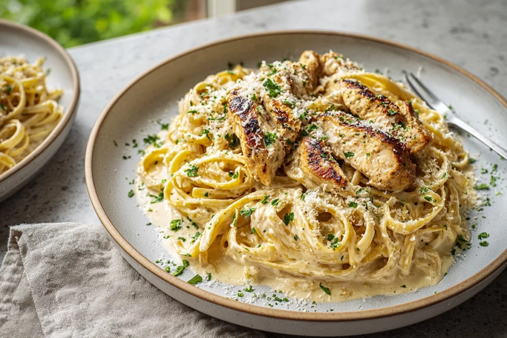 Cajun Chicken Alfredo ready to serve with creamy pasta and chicken