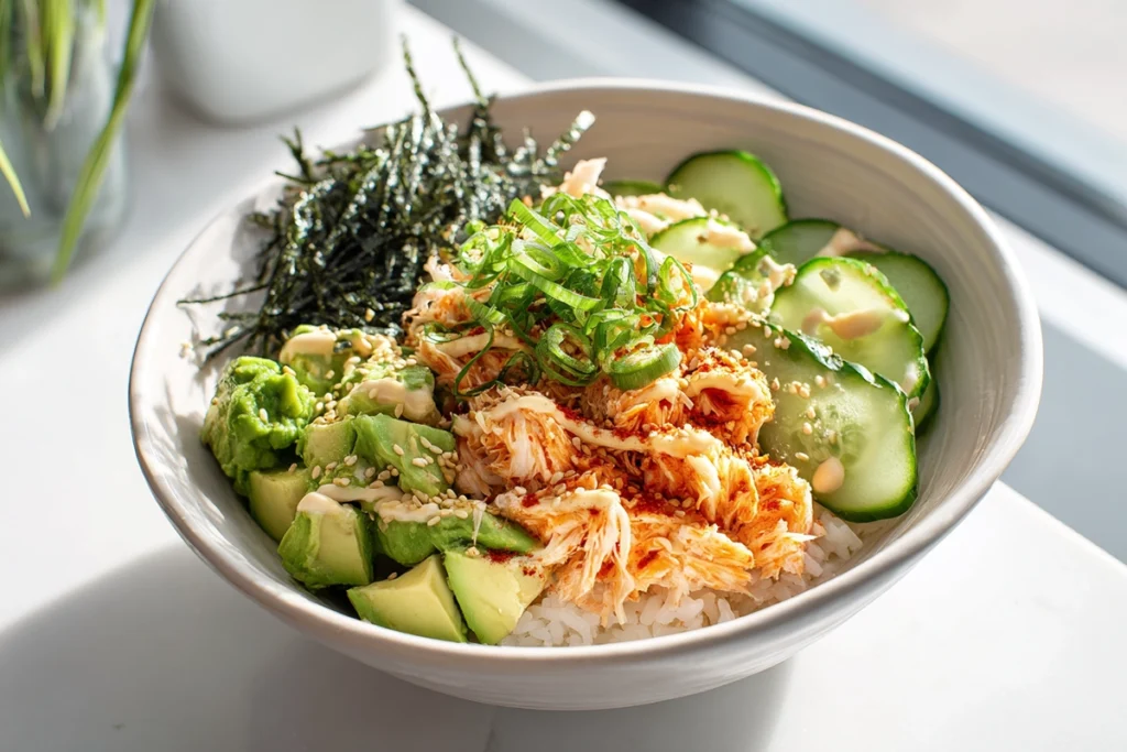 main image of california roll sushi bowls served in a modern kitchen setting