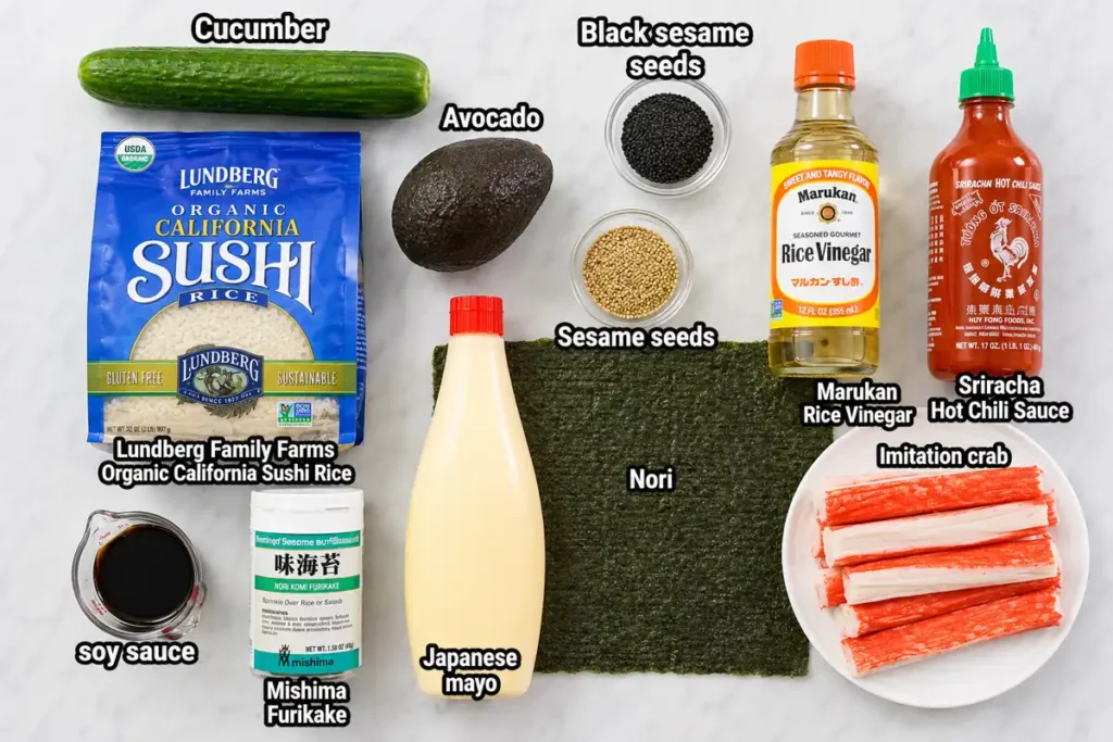 California Roll Sushi Bowls with Creamy Spicy Mayo 2 Ingredients for California Roll Sushi Bowls with sushi rice, imitation crab, cucumber, and avocado