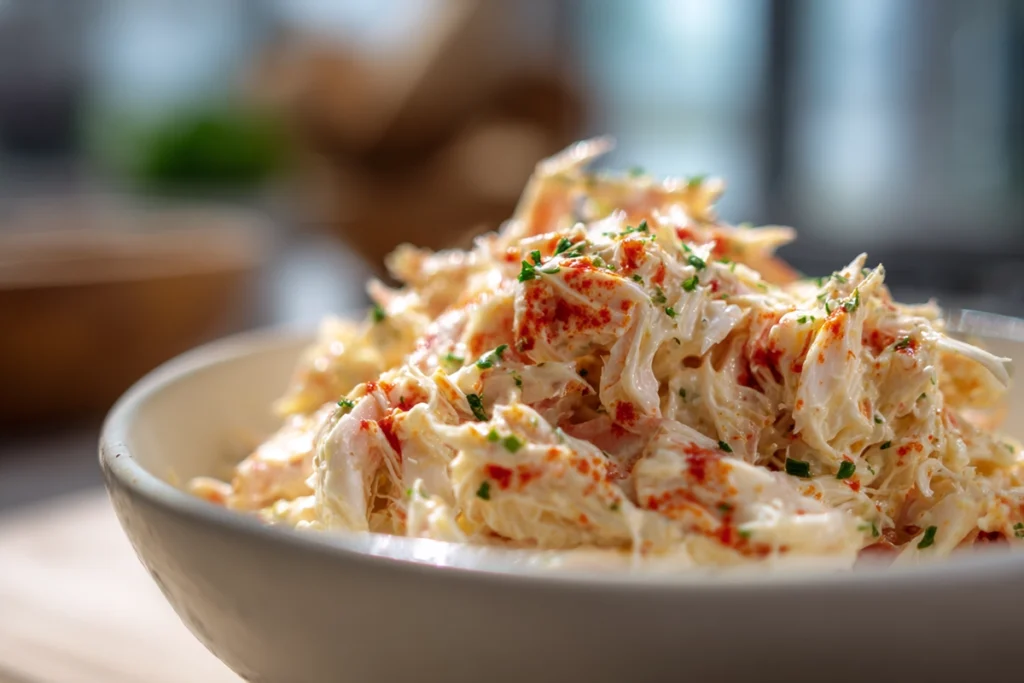 creamy crab mixture for california roll sushi bowls being prepared on kitchen counter