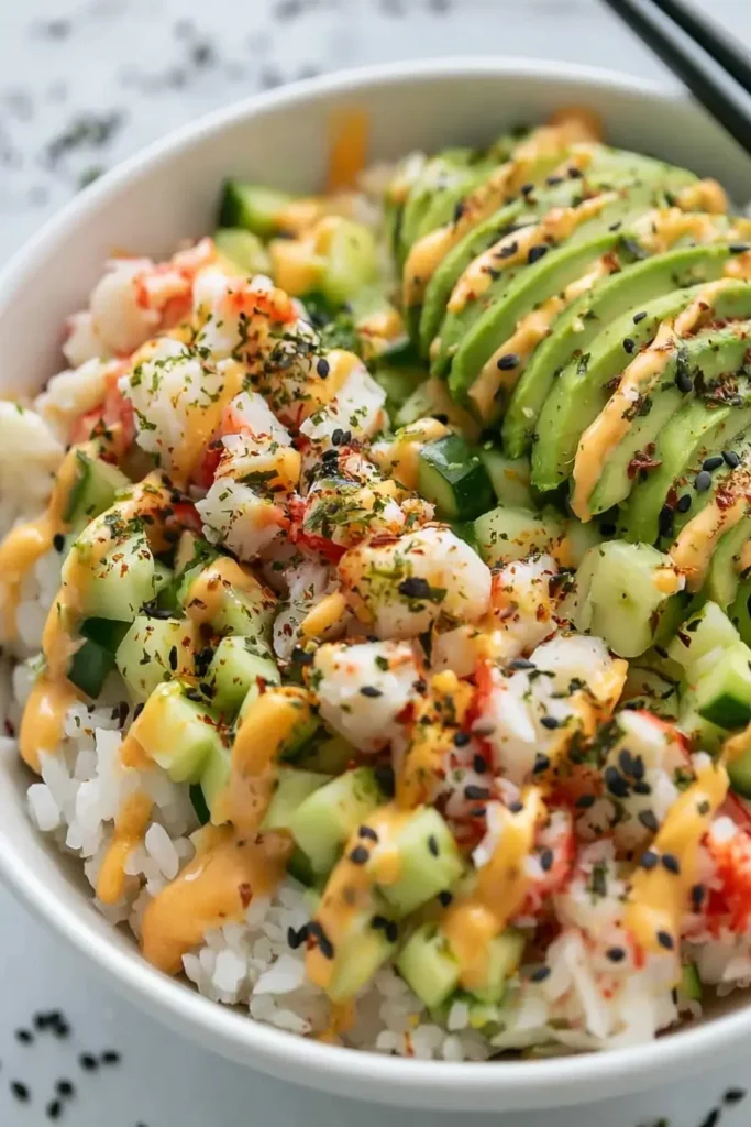 California Roll Sushi Bowls with Creamy Spicy Mayo 5 California Roll Sushi Bowls ready to serve with crab, cucumber, avocado, nori, and spicy mayo