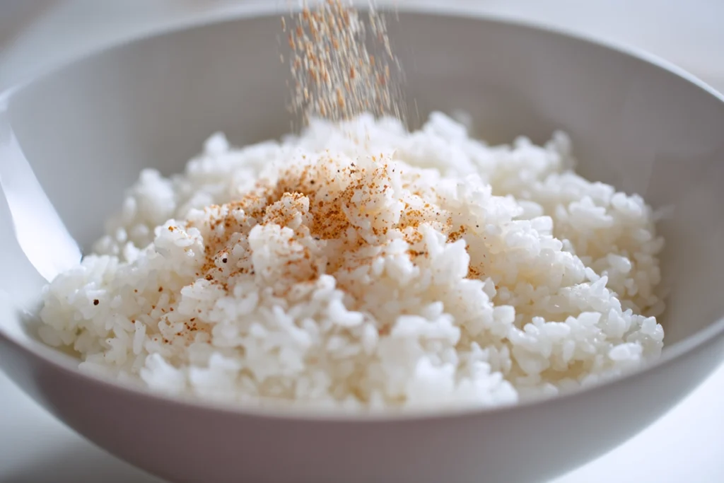 sushi rice being seasoned for california roll sushi bowls in a modern kitchen