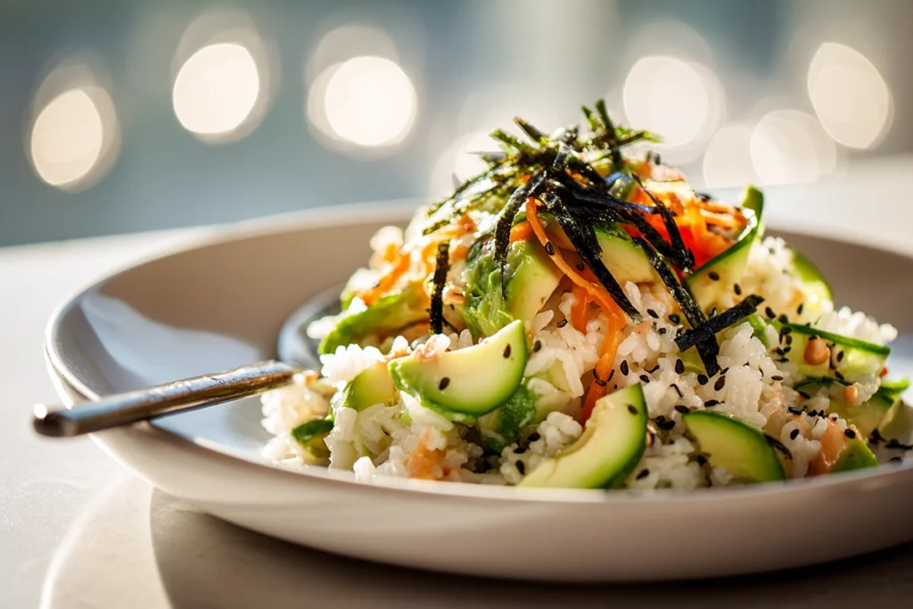 serving bowl of california roll sushi bowls with toppings and garnish in modern kitchen
