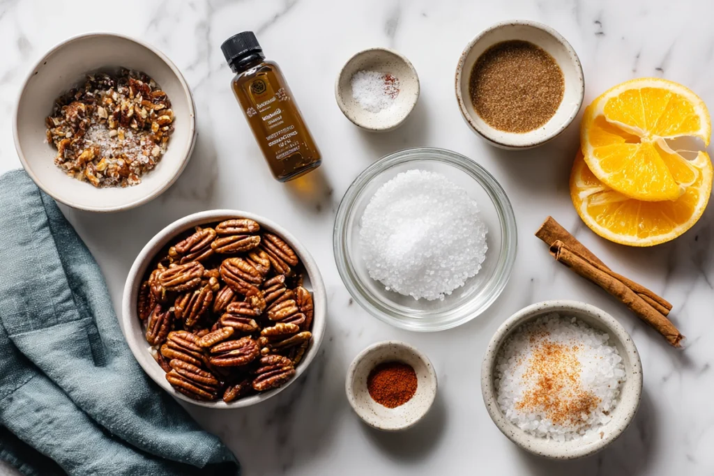 Candied Pecans: Shiny, Crunchy, and Done Before Your Coffee Gets Cold 7 Ingredients for candied pecans including pecans, brown sugar, cinnamon, and vanilla